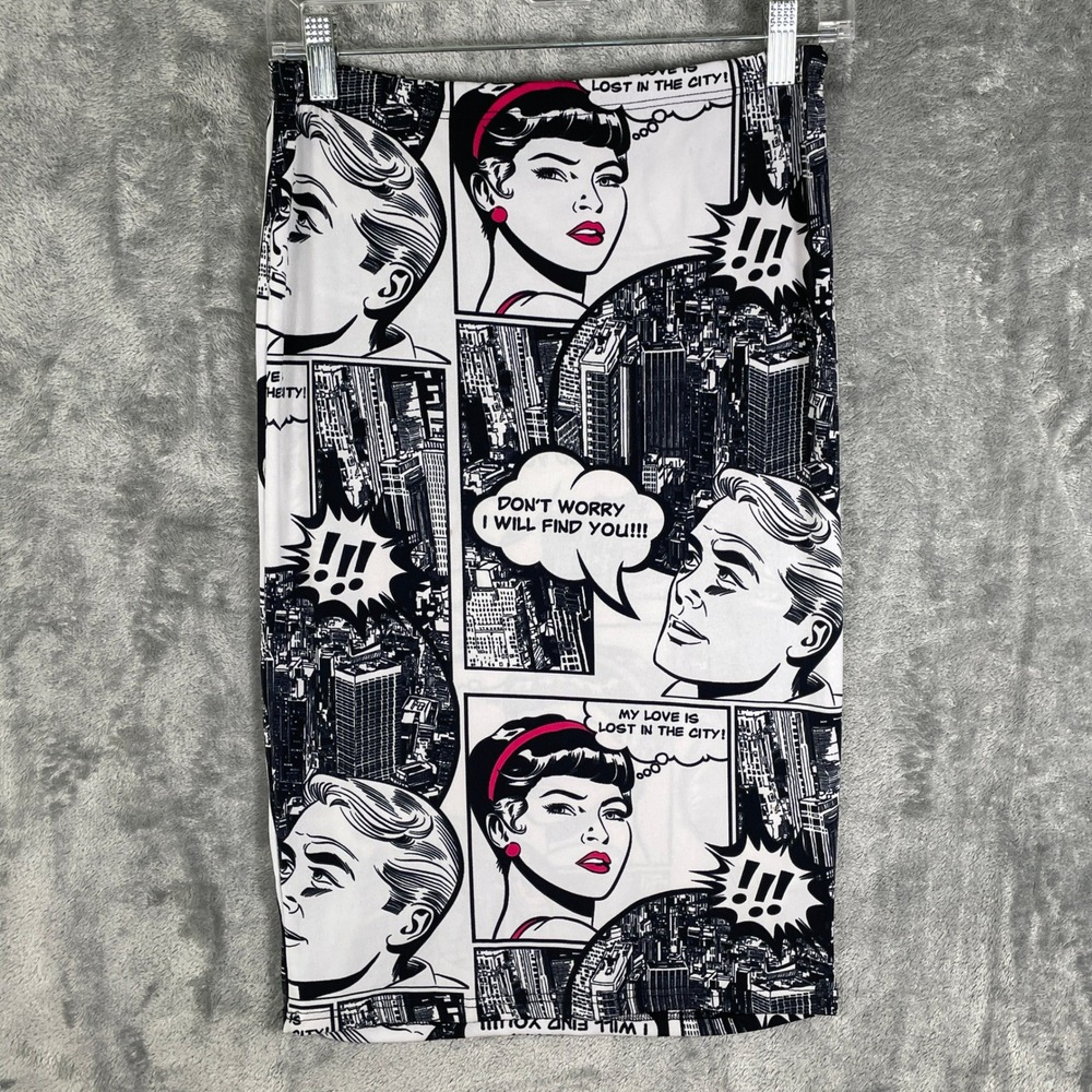Wet Seal Pencil Skirt Womens Medium Black White Comic Pop Art Very Good Novelty